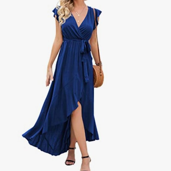 Grecerelle Boho Navy Blue V-Neck Faux Wrap. Maxi Dress. Medium *No Belt - Picture 1 of 11